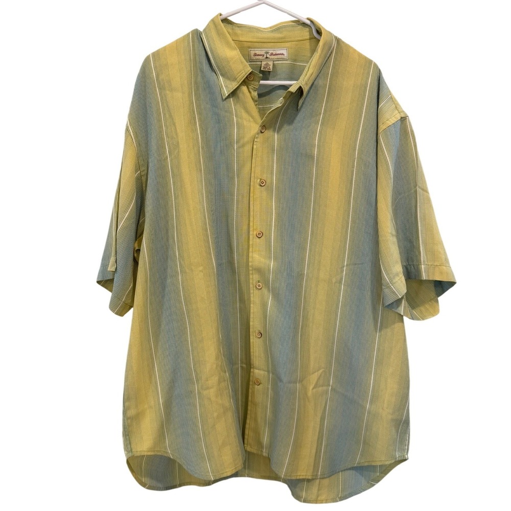 Vintage Tommy Bahama Mens XL Yellow Blue Striped 100% Tencel Short Sleeve Shirt